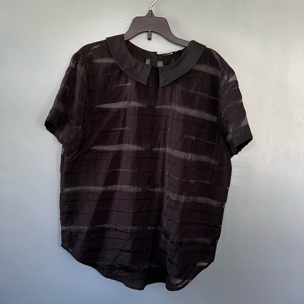 Women’s black size medium, Tilden brand, striped see-through, Peter Pan collar